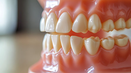 A close-up of a dental model, showing the surface of teeth for learning proper brushing techniques and oral hygiene practices.の素材