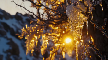 Sunset reflecting off ice-covered branches, turning the icicles into golden prisms.の素材