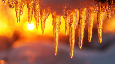 Icicles on a frozen overhang, catching the last light of day in radiant orange tones.の素材