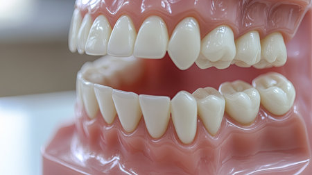 A close-up of a dental model, showing the surface of teeth for learning proper brushing techniques and oral hygiene practices.の素材