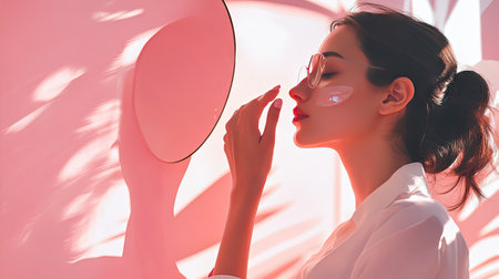 A woman in her skincare ritual, touching her healthy, glowing skin with one hand while looking in the mirror, radiating confidence and self-love.の素材