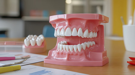 A dental model placed on a table with educational materials about oral hygiene, showing proper care techniques for teeth and gums.の素材