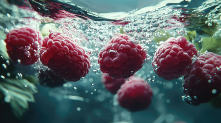 Multiple raspberries sinking into water, with a burst of tiny bubbles rising to the surface.の素材