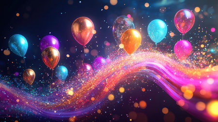Party balloons soaring over a glossy, abstract wave of neon colors and sparkles.の素材