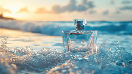 A clear perfume bottle with a soft reflection of the ocean waves in the background, capturing the essence of luxury and tranquility.の素材