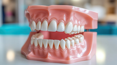 A dental model showing healthy teeth, used for teaching children about proper brushing techniques and maintaining oral hygiene.の素材