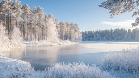 Winter landscape of a frozen lake surrounded by snow-covered trees under a clear sky.の素材