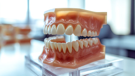 A close-up of a dental model, showing the surface of teeth for learning proper brushing techniques and oral hygiene practices.の素材