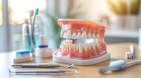 A dental model of teeth on a table, surrounded by dental tools like a toothbrush, floss, and mouthwash, promoting good oral hygiene.の素材