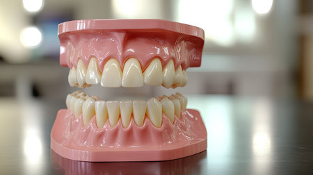 A dental model showing healthy teeth, used for teaching children about proper brushing techniques and maintaining oral hygiene.の素材