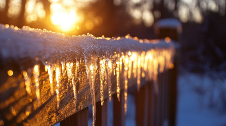 Tiny icicles forming on a wooden fence, catching the last light of a winter evening.の素材