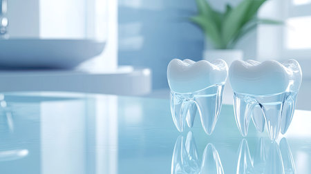 A dental model of teeth with clear gum lines, placed on a bright, clean background for studying oral hygiene practices.の素材