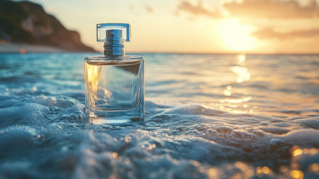 A beautifully designed perfume bottle with the sea breeze in the background, adding an oceanic and refreshing atmosphere to the shot.の素材