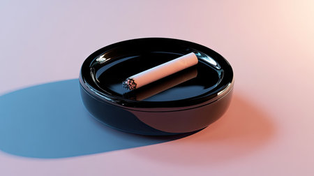 A partially smoked cigarette resting in a sleek black ashtray, surrounded by soft shadows.の素材