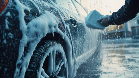 A person washing a car with soap foam on the body, gently scrubbing the surface with a sponge as bubbles form all aroundの素材