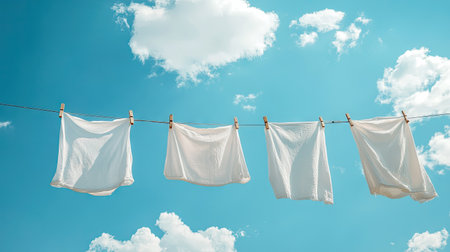 A picturesque scene of white clothes drying on a clothesline, with the bright blue sky and a few clouds in the background, giving a peaceful feelの素材