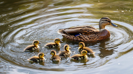 A peaceful pond scene with a mother duck and her ducklings swimming together, the soft ripples creating a beautiful reflection on the waterの素材