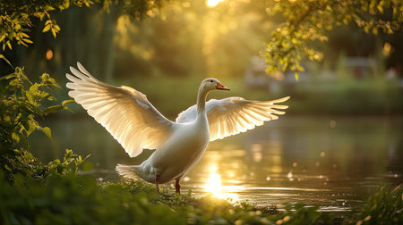 A white goose with wings spread wide, flapping near a peaceful lake surrounded by lush green foliage, the light of the setting sun creating a beautiful silhouetteの素材