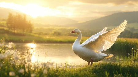 A white goose flapping its wings proudly in a lush grassy field, with the peaceful pond and distant hills creating a serene setting in the backgroundの素材