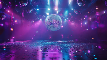A party scene featuring a holographic disco ball illuminating a dance floor.の素材