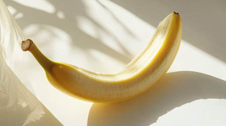 A peeled ripe banana lying flat on a white surface, with its smooth surface gleaming under the soft lighting, ready for consumptionの素材