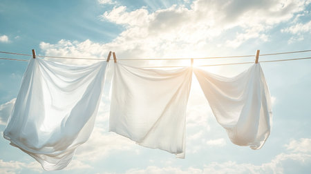 A peaceful scene with white clothes fluttering in the breeze on a clothesline, set against a background of a bright, clear sky with a hint of cloudsの素材