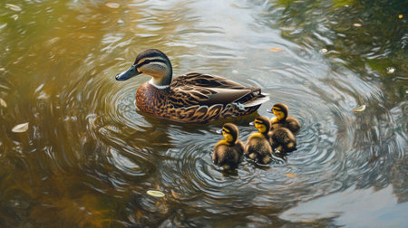 A peaceful pond scene with a mother duck and her ducklings swimming together, the soft ripples creating a beautiful reflection on the waterの素材