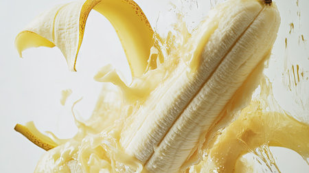 A peeled banana on a white background, with the soft, creamy fruit revealed, emphasizing its ripeness and perfect textureの素材