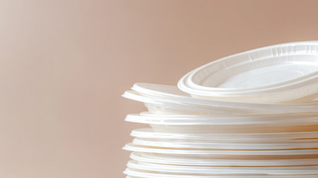 A pile of white plastic disposable plates stacked high against a soft, neutral-colored backdrop.の素材