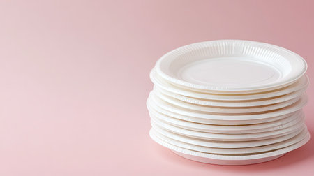 A pile of white plastic disposable plates stacked high against a soft, neutral-colored backdrop.の素材