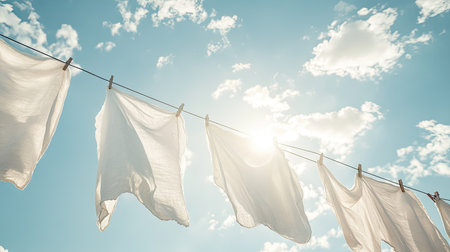 A peaceful scene with white clothes fluttering in the breeze on a clothesline, set against a background of a bright, clear sky with a hint of cloudsの素材