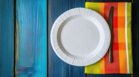 A white plastic disposable plate sitting on a colorful napkin, creating a vibrant and clean table setting.の素材