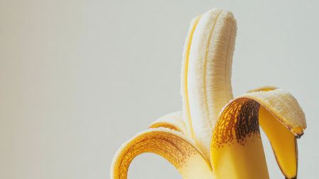 A peeled ripe banana on a bright white background, its soft, sweet interior visible, creating a clean and inviting food imageの素材