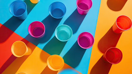 A playful composition featuring plastic cups in various hues, isolated on a vibrant backdrop.の素材