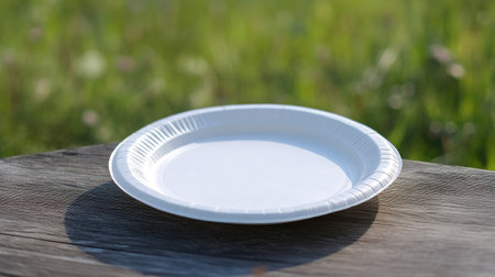 A white disposable plate placed neatly on a dining table, ready for a family meal or outdoor picnic.の素材