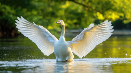 A white goose flapping its wings excitedly by a serene lake, the water reflecting the pale blue sky and the surrounding tree-lined shoreの素材