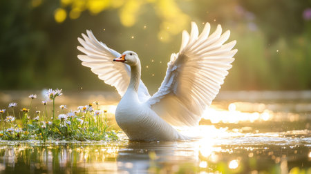 A white goose flapping its wings vigorously on the shoreline, with sunlight shimmering on the surface of a tranquil pond and wildflowers in the foregroundの素材