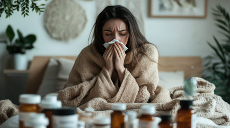 A young woman with a tired expression, coughing into a tissue while sitting on the bed, wrapped in a blanket and surrounded by medicine bottlesの素材
