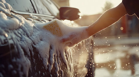 A person washing a car with soap foam on the body, gently scrubbing the surface with a sponge as bubbles form all aroundの素材