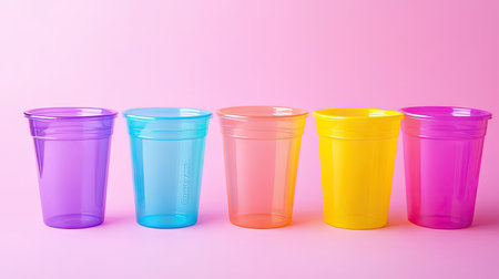 Multiple plastic cups of different colors isolated on a background, perfect for product display.の素材