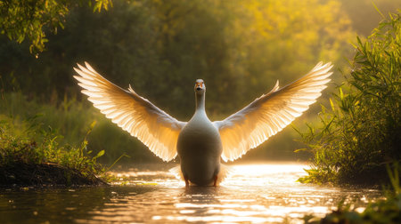 A white goose with wings spread wide, flapping near a peaceful lake surrounded by lush green foliage, the light of the setting sun creating a beautiful silhouetteの素材