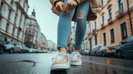 A woman in a casual outfit putting on stylish sneakers, ready for a city stroll.の素材