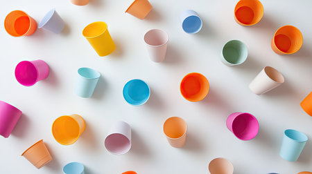 A playful composition of plastic cups in different colors, scattered across a plain surface.の素材