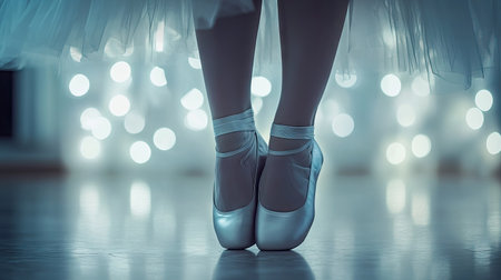 A young ballerina adjusting her satin ballet shoes before rehearsal, soft lighting in the background.の素材