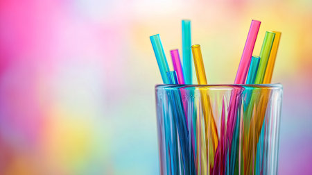 Colorful drinking straws in a glass tumbler, with the vibrant hues contrasting against the background.の素材