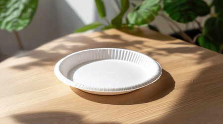 A plain white plastic disposable plate on a wooden table, creating a minimalist and clean aesthetic.の素材