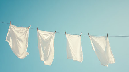 White clothes fluttering in the breeze on a washing line, with a clear blue sky in the background, creating a fresh, airy atmosphereの素材