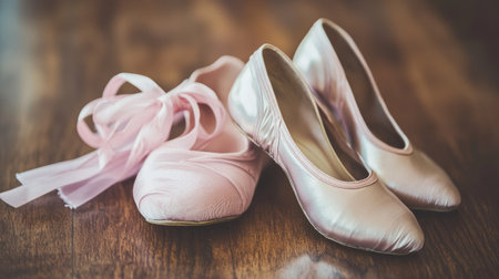 A young dancer's first pair of ballet slippers, slightly worn, placed beside her new pointe shoes.の素材