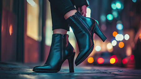 A woman adjusting her sleek ankle boots, preparing for a night out in the city.の素材
