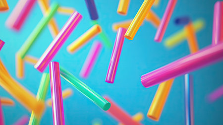 Close-up shot of bright, colorful drinking straws scattered across a clean surface.の素材